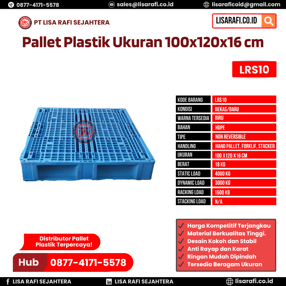 Pallet Plastik Bekas/Baru Ukuran 100x120x16 cm - LRS10