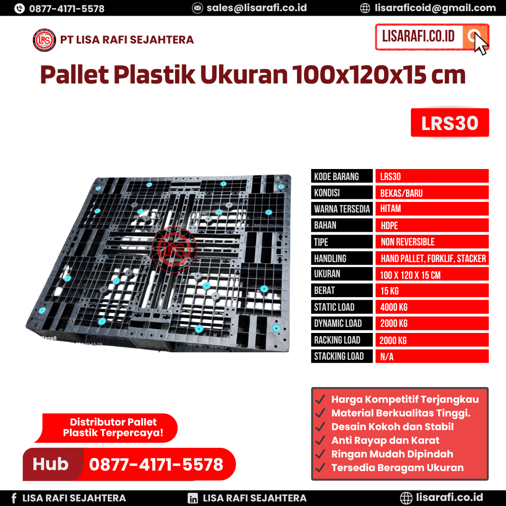 Pallet Plastik Bekas/Baru Ukuran 100x120x15 cm - LRS30