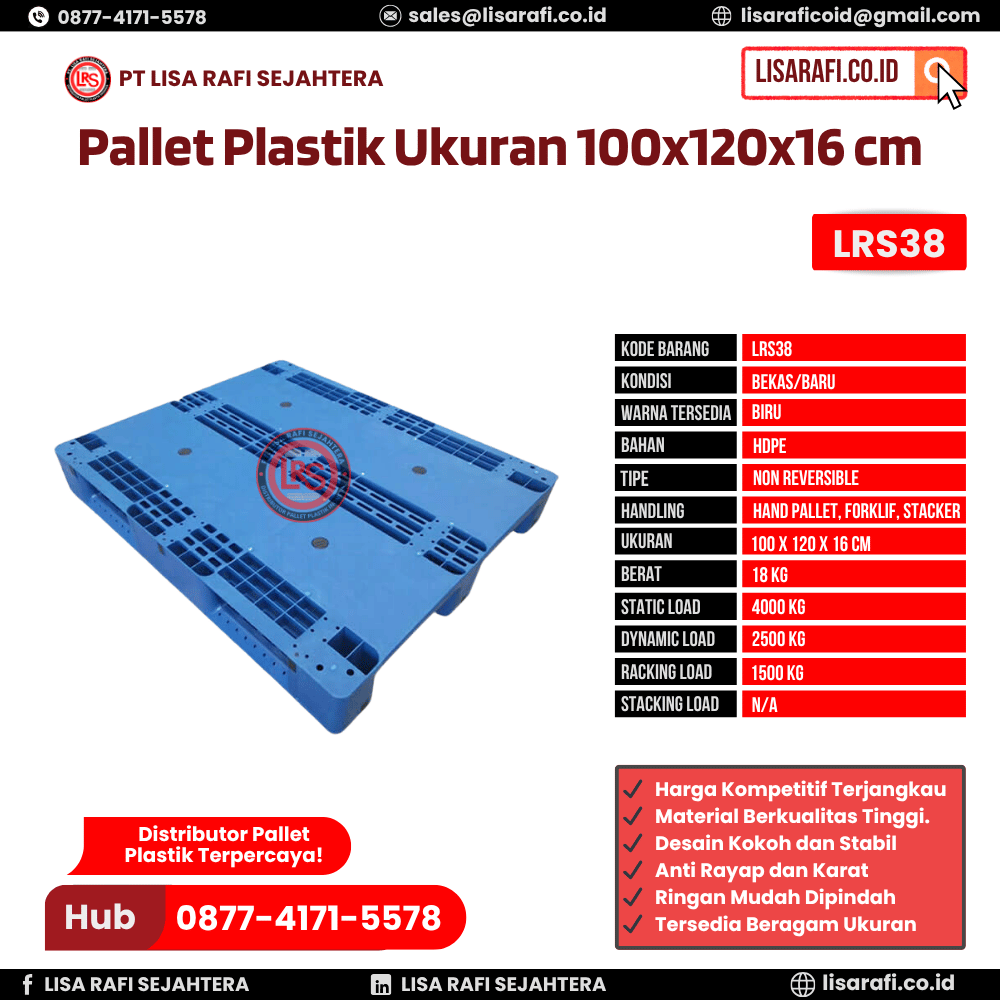 Pallet Plastik Bekas/Baru Ukuran 100x120x16 cm - LRS38