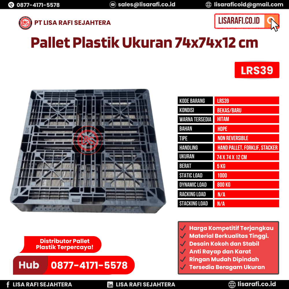 Pallet Plastik Bekas/Baru Ukuran 74x74x12 cm - LRS39