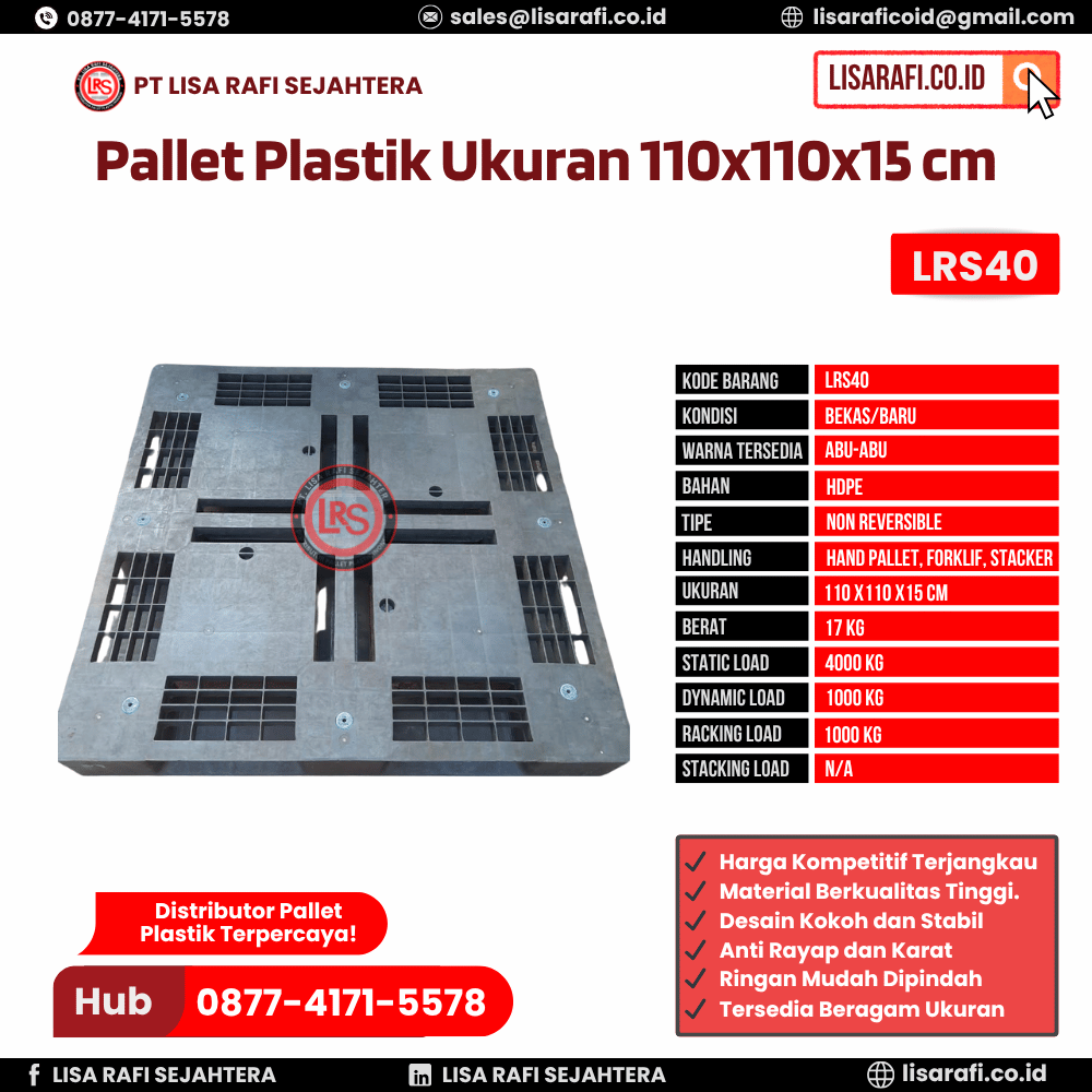 Pallet Plastik Bekas/Baru Ukuran 110x110x15 cm - LRS40
