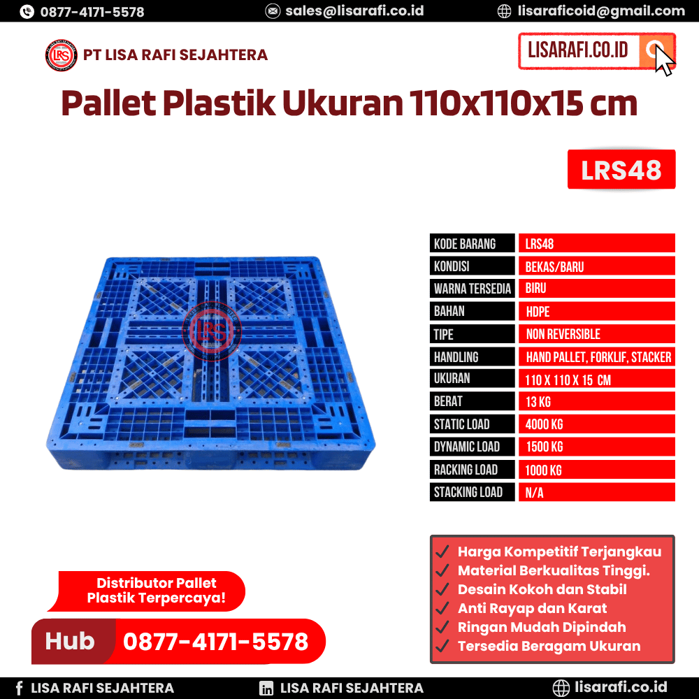 Pallet Plastik Bekas/Baru Ukuran 110x110x15 cm - LRS48