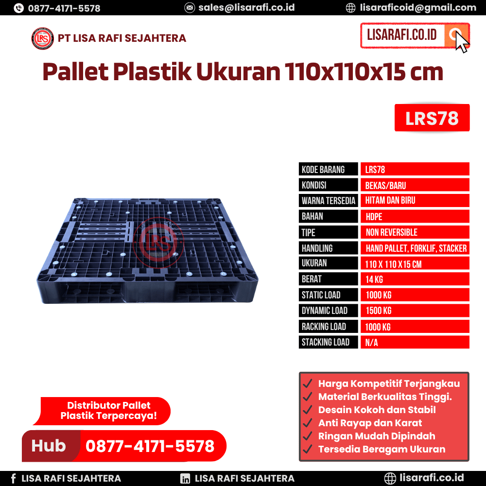 Pallet Plastik Bekas/Baru Ukuran 110x110x15 cm - LRS78
